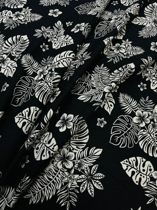 Deep Black N White Floral Printed Linen