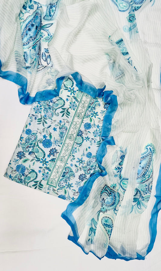 Ocean Bloom Printed Cotton Suit Fabric with Chiffon Dupatta (3-Piece)