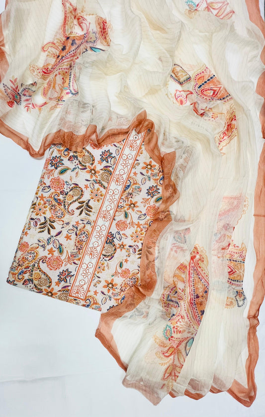 Amber Bloom Printed Cotton Suit Fabric with Chiffon Dupatta (3-Piece)