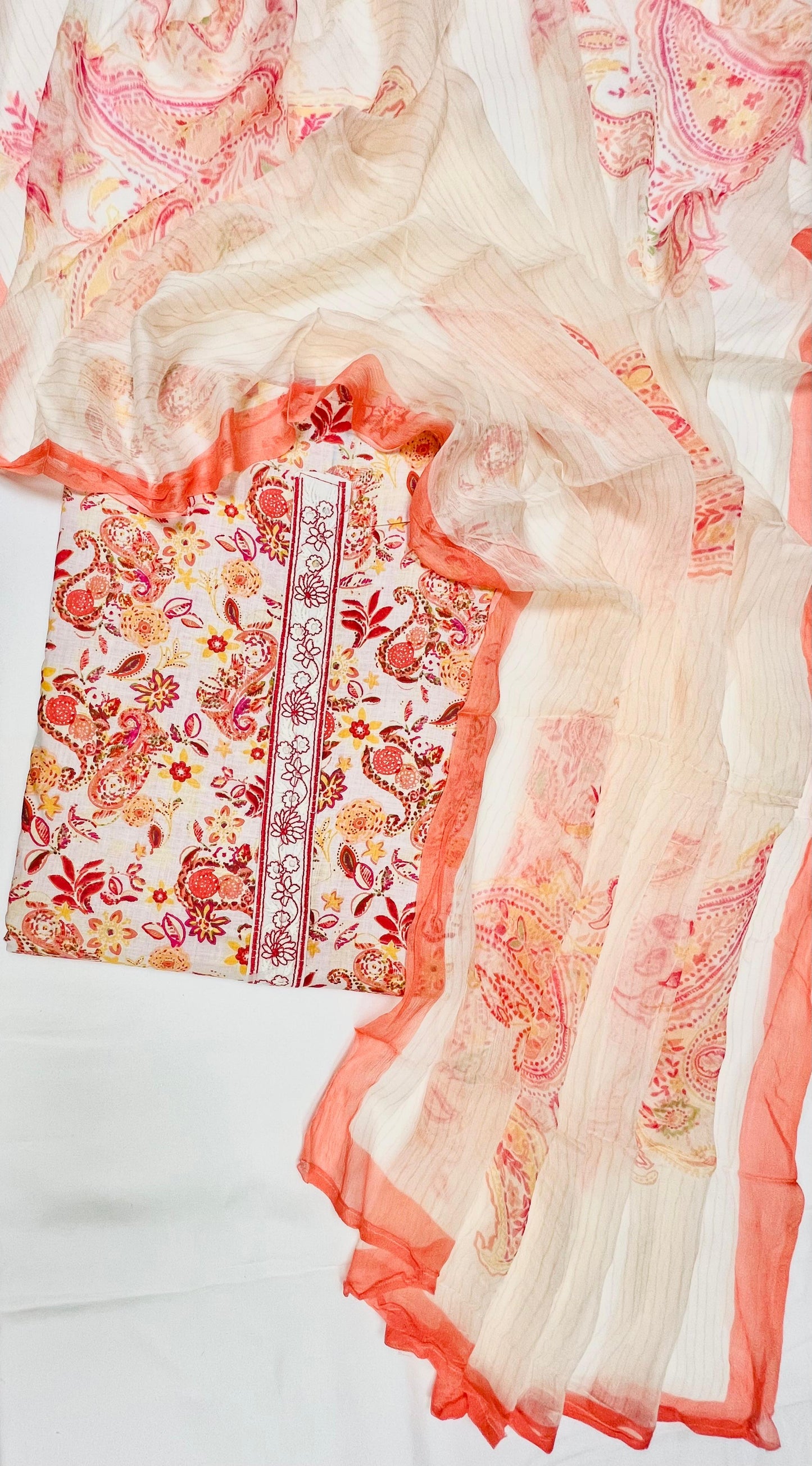 Peach Blossom Paisley Cotton Suit Fabric Set with Chiffon Dupatta (3-Piece)