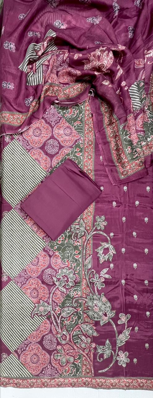 Plum Heritage Printed Cotton Suit Set Fabric with Cotton Muslin Dupatta (3-Piece)