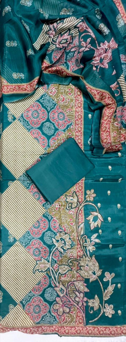 Teal Heritage Printed Cotton Suit Set Fabric with Cotton Muslin Dupatta (3-Piece)