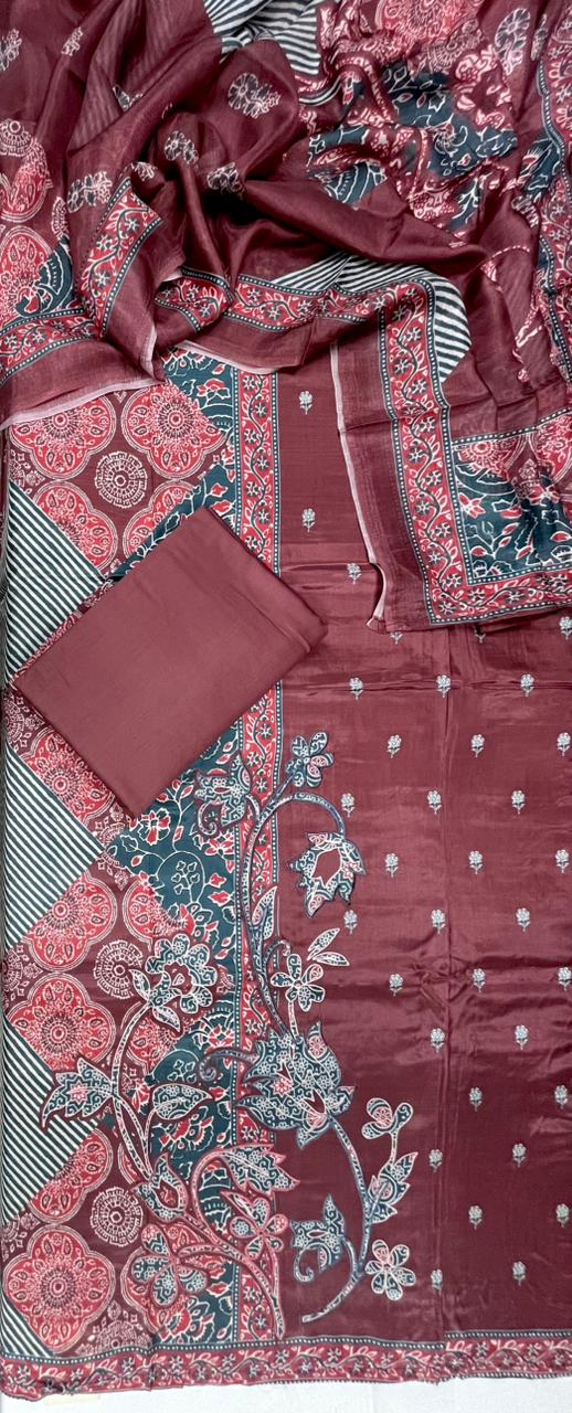 Mulberry Teal Heritage Cotton Suit Fabric Set with Dupatta (3-Piece)