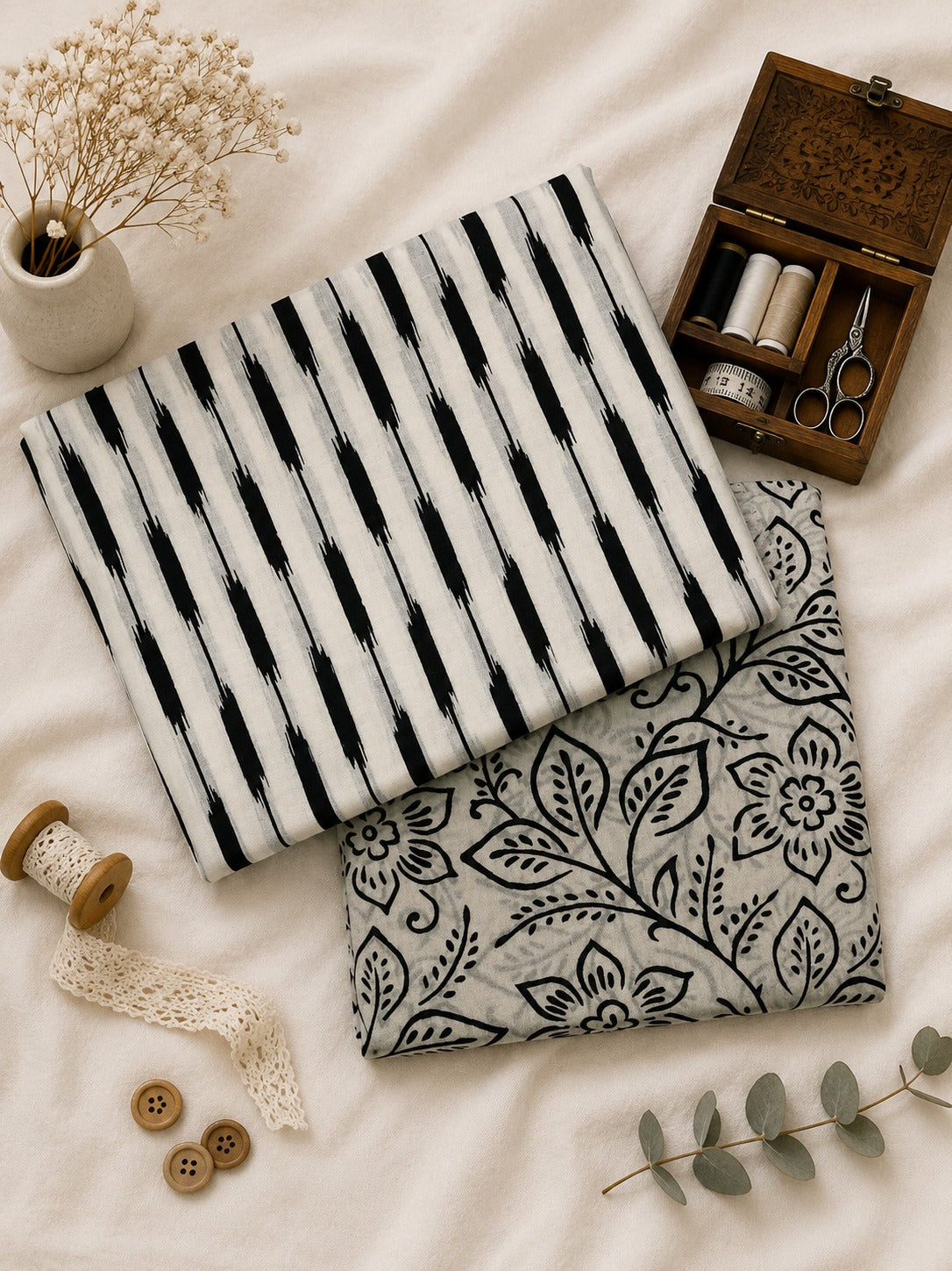 Premium Ikat Cotton Suit Set Fabric with Floral Bottom Print