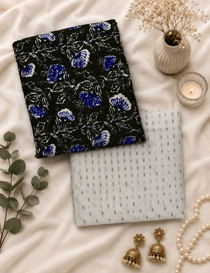 Premium Floral Cotton Suit Set with Textured Plain Bottom