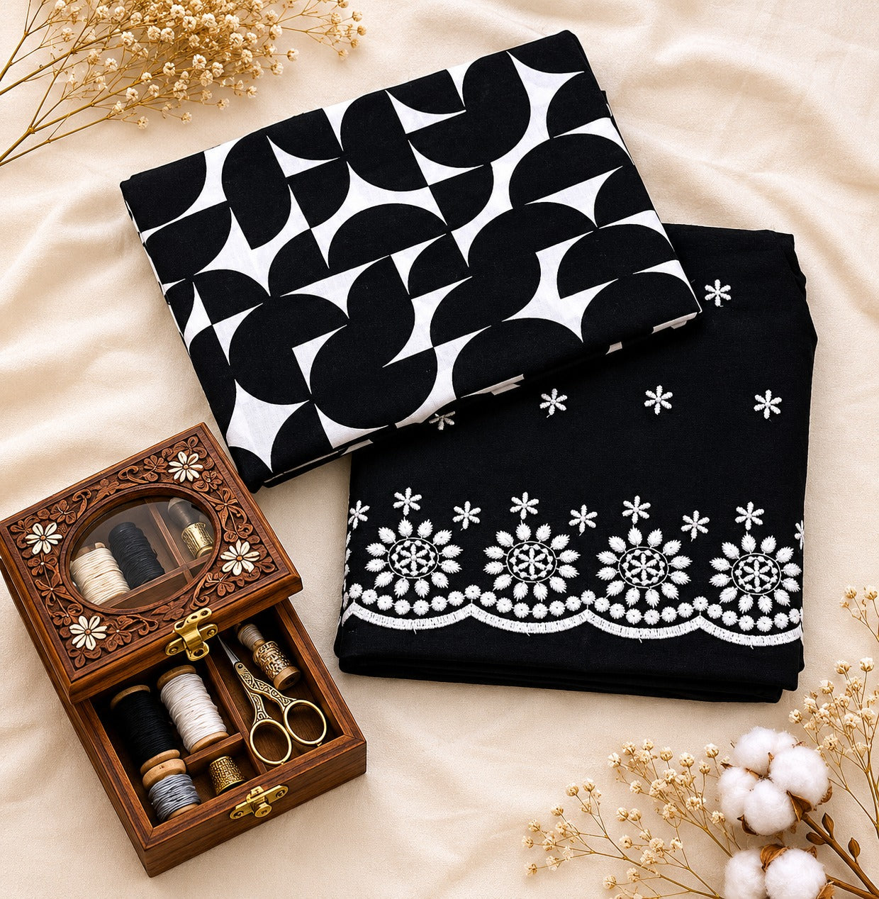 Black & White Geometric Cotton Suit Set with Chicken Border Cotton Bottom