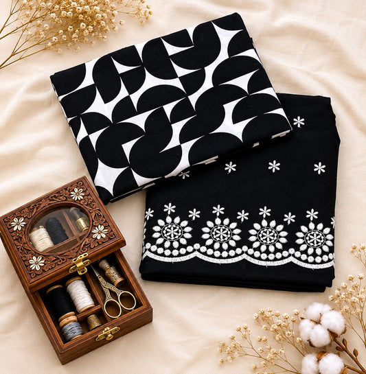 Black & White Geometric Cotton Suit Set with Chicken Border Cotton Bottom