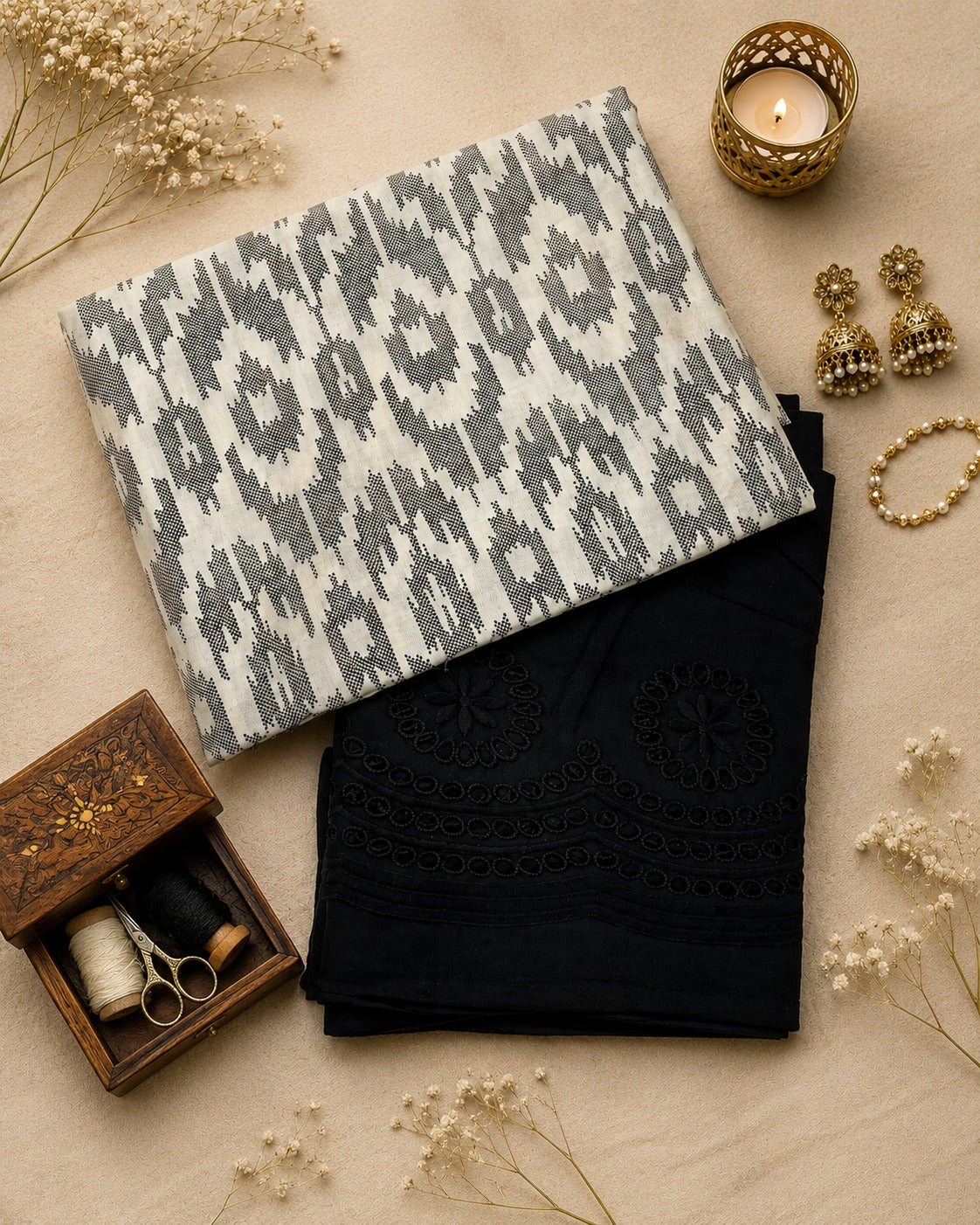 Black & White Ikat Cotton Suit Set with Black Chikan Border Bottom Fabric