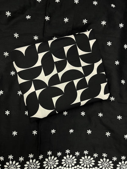 Black & White Geometric Cotton Suit Set with Chicken Border Cotton Bottom