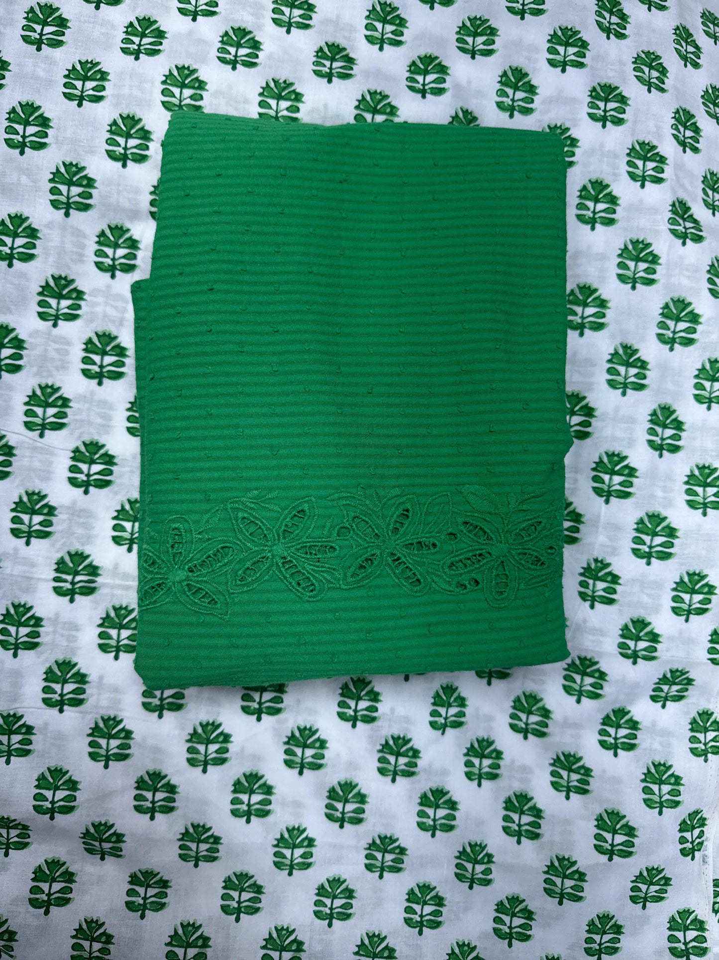 Emerald Leaf Print Cotton Suit Set with Chikan Border Bottom
