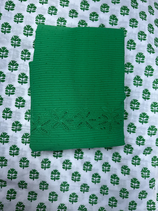 Emerald Leaf Print Cotton Suit Set with Chikan Border Bottom
