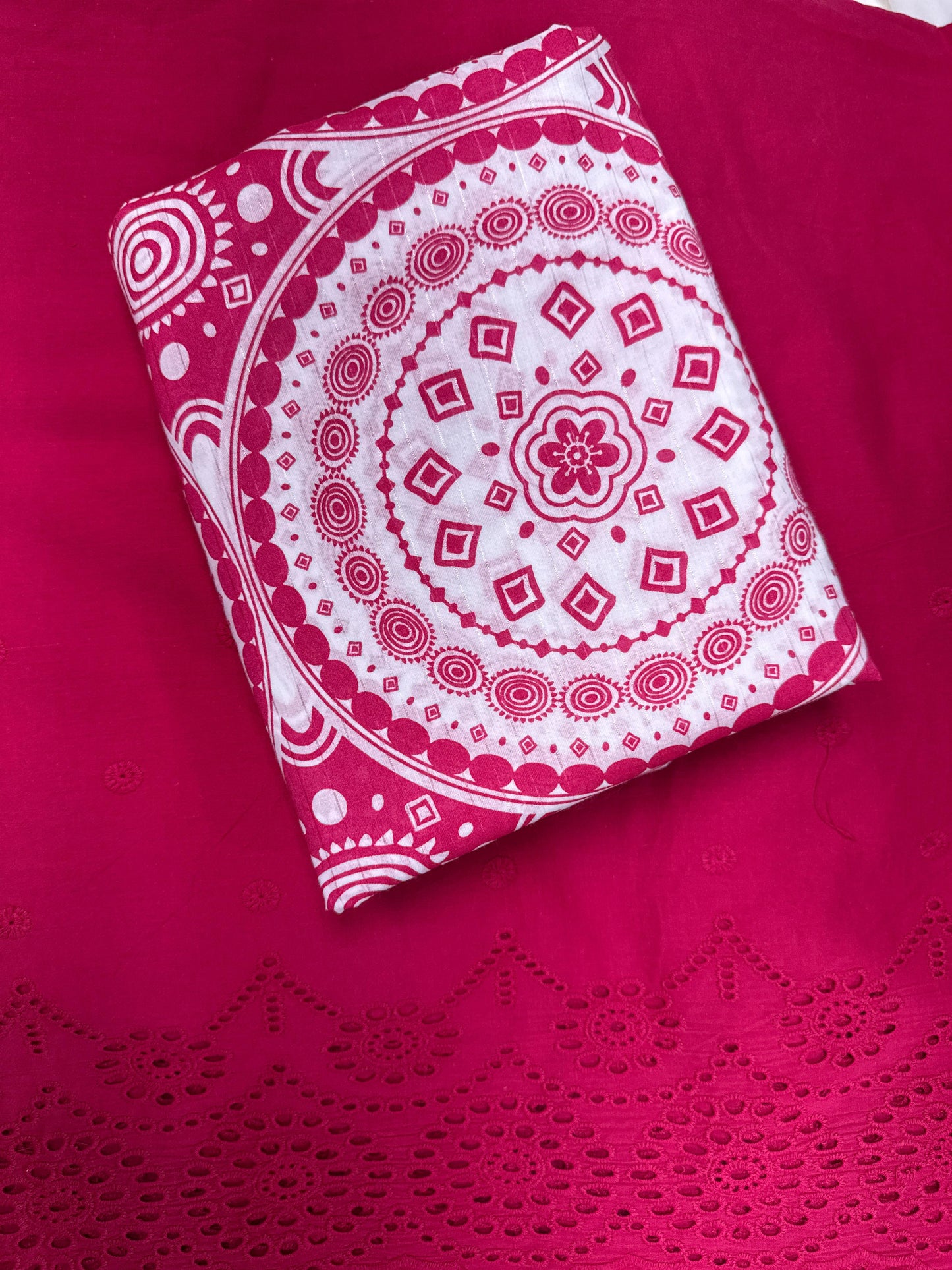 Rani Pink Mandala Print Cotton Suit Set with Chikan Border Bottom