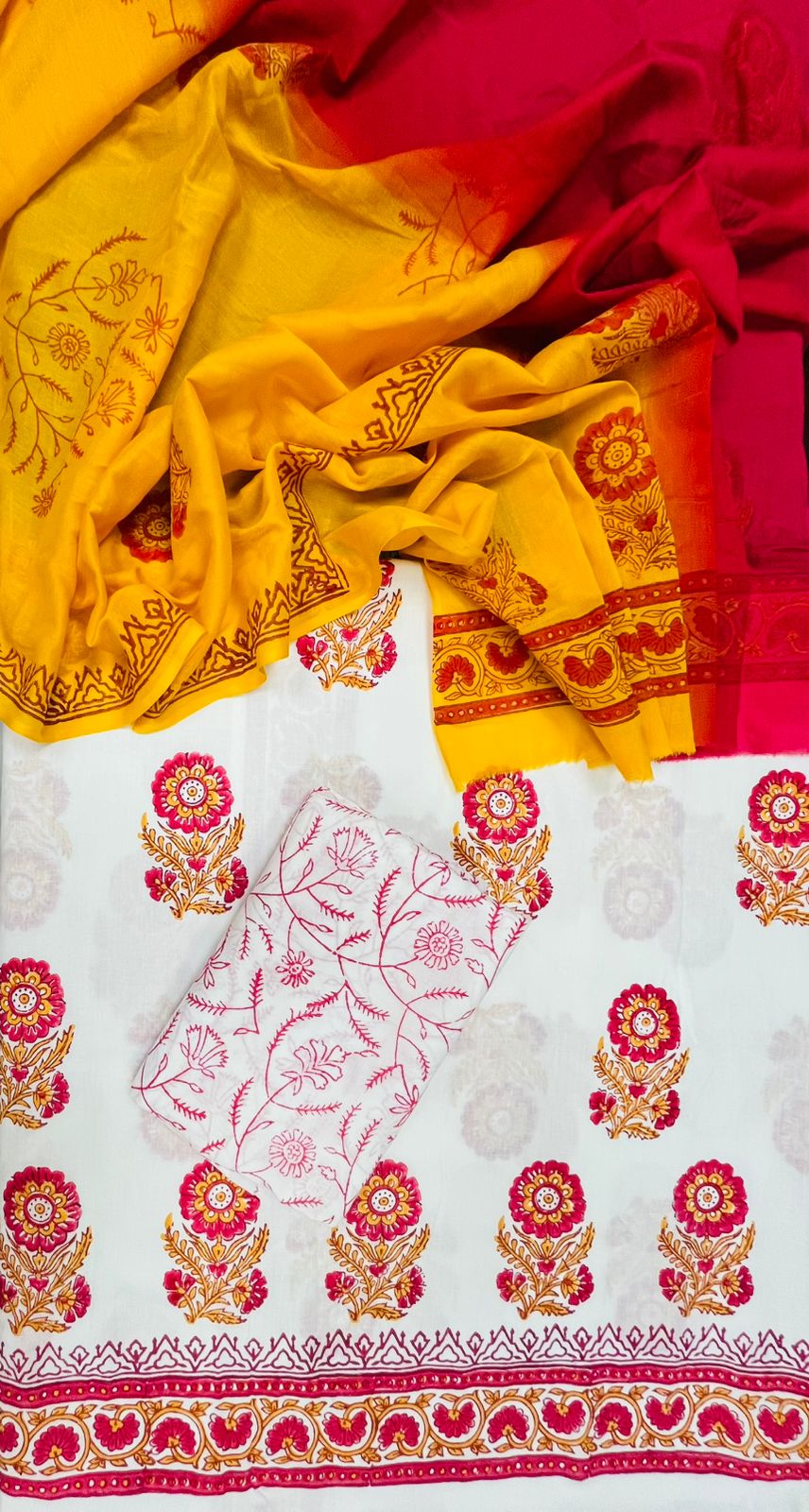 Premium Floral Block Print Cotton Suit Set with Yellow Ambra Dye Dupatta