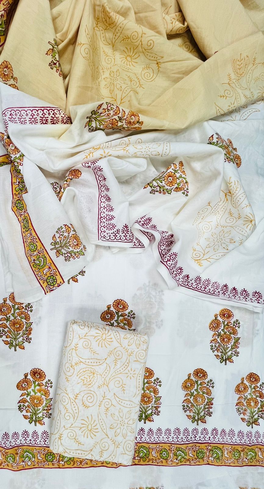 Cream Floral Block Print Cotton Suit Set with Beige Ambra Dye Dupatta