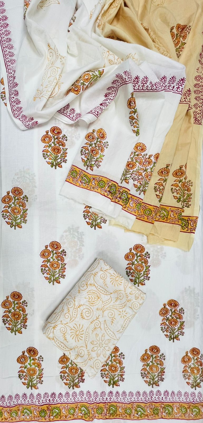 Cream Floral Block Print Cotton Suit Set with Beige Ambra Dye Dupatta