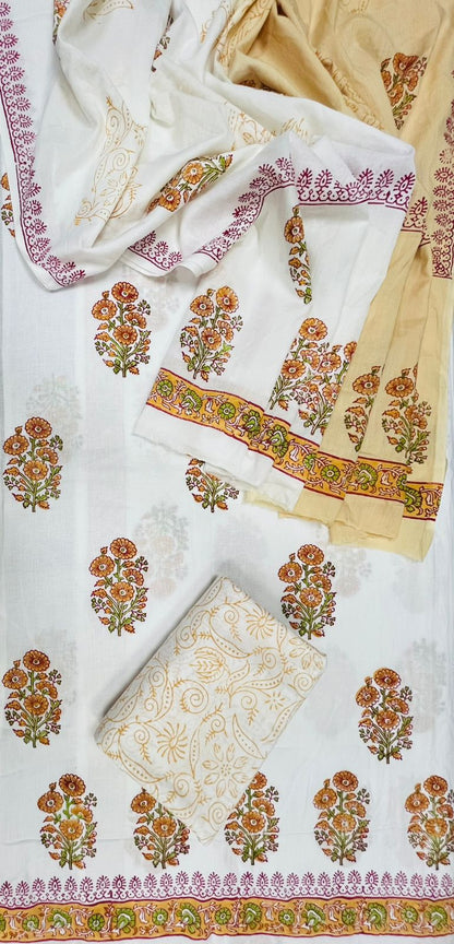 Cream Floral Block Print Cotton Suit Set with Beige Ambra Dye Dupatta