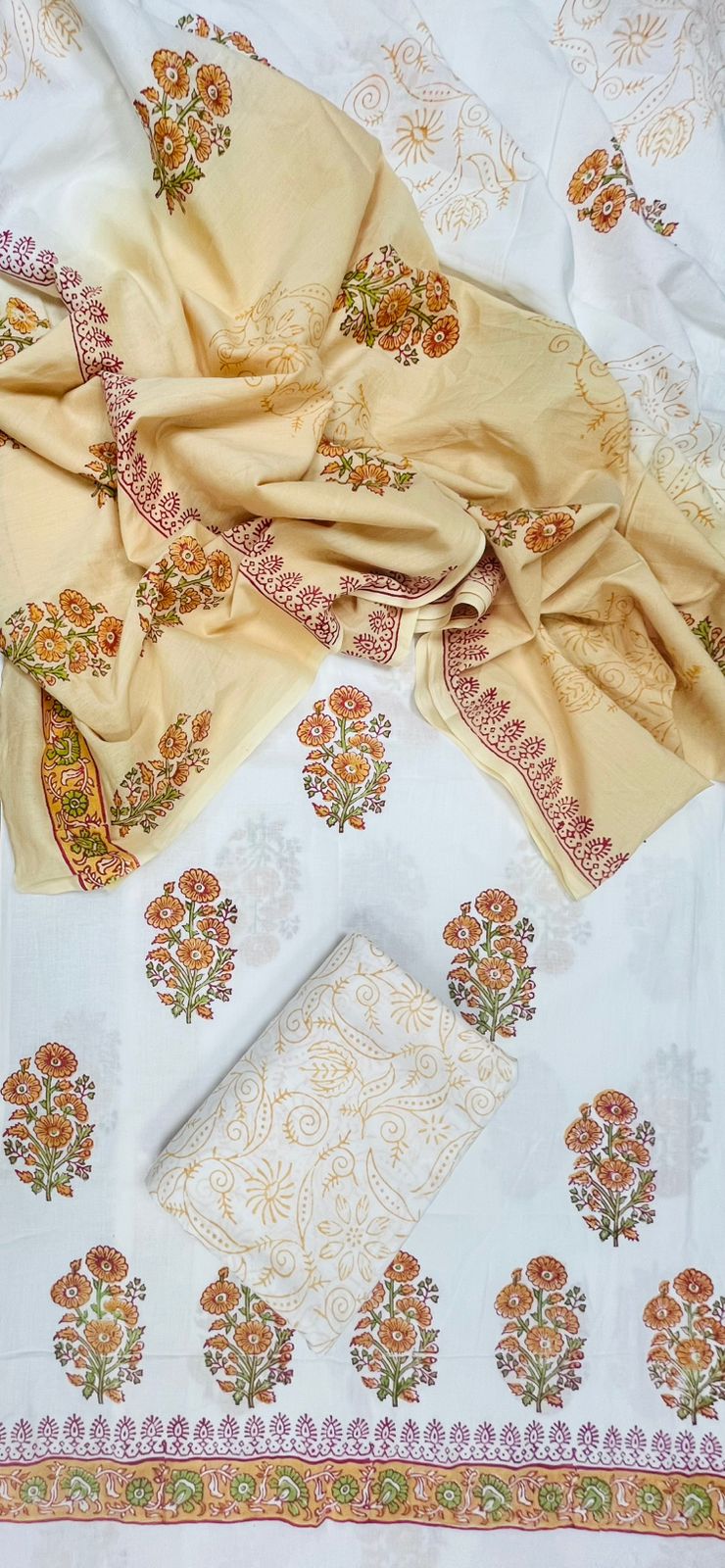 Cream Floral Block Print Cotton Suit Set with Beige Ambra Dye Dupatta