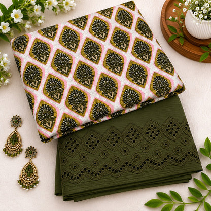 Olive Bloom Cotton Suit Set with Olive Chikan Border Bottom