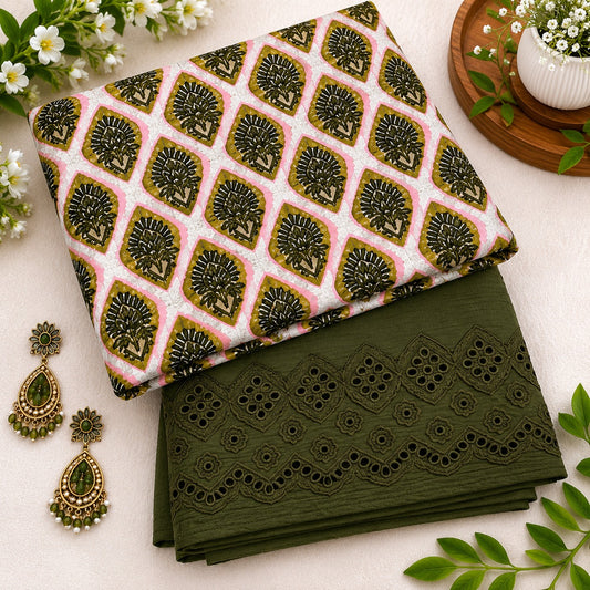 Olive Bloom Cotton Suit Set with Olive Chikan Border Bottom