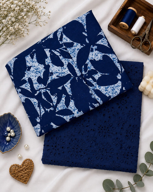 Indigo Floral Cotton Dress Material with Embroidered Cotton Bottom