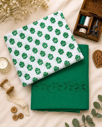 Emerald Leaf Print Cotton Suit Set with Chikan Border Bottom