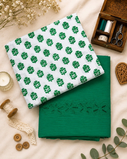 Emerald Leaf Print Cotton Suit Set with Chikan Border Bottom