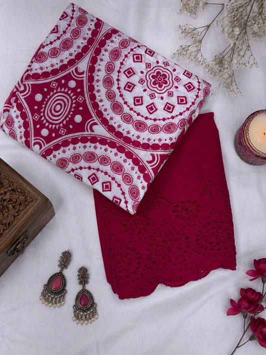 Rani Pink Mandala Print Cotton Suit Set with Chikan Border Bottom