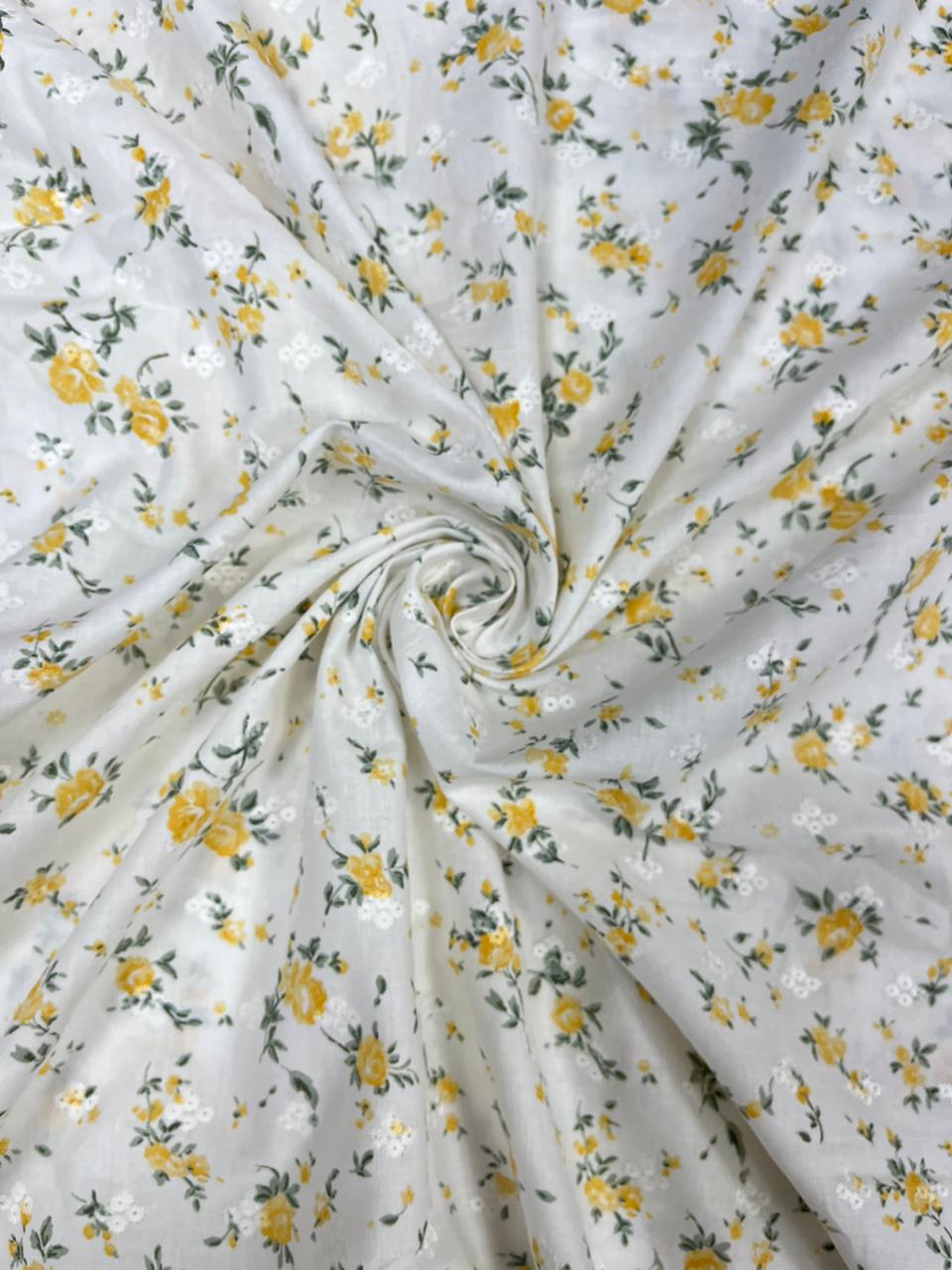 Premium White Cotton Linen Floral Print Fabric