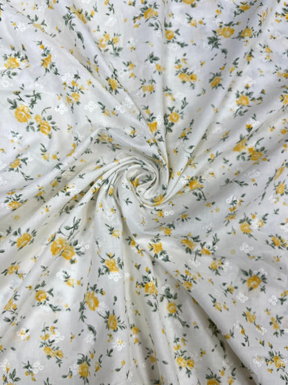 Premium White Cotton Linen Floral Print Fabric
