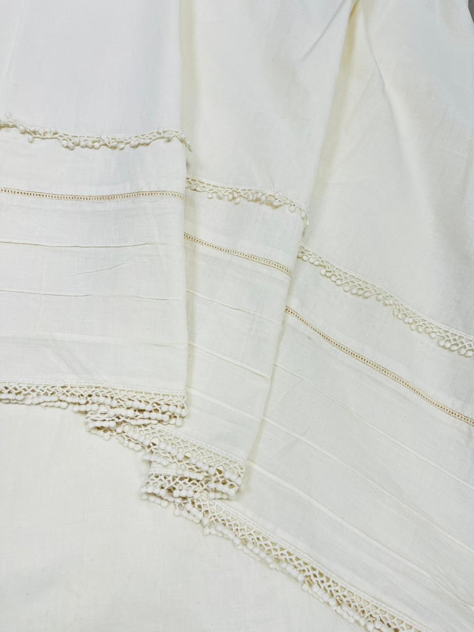 Off White Cotton Fabric with Handcrafted Crochet Lace Border | Luxury Co-Ord & Palazzo Material