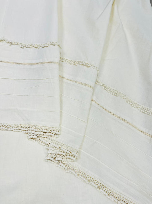 Off White Cotton Fabric with Handcrafted Crochet Lace Border | Luxury Co-Ord & Palazzo Material