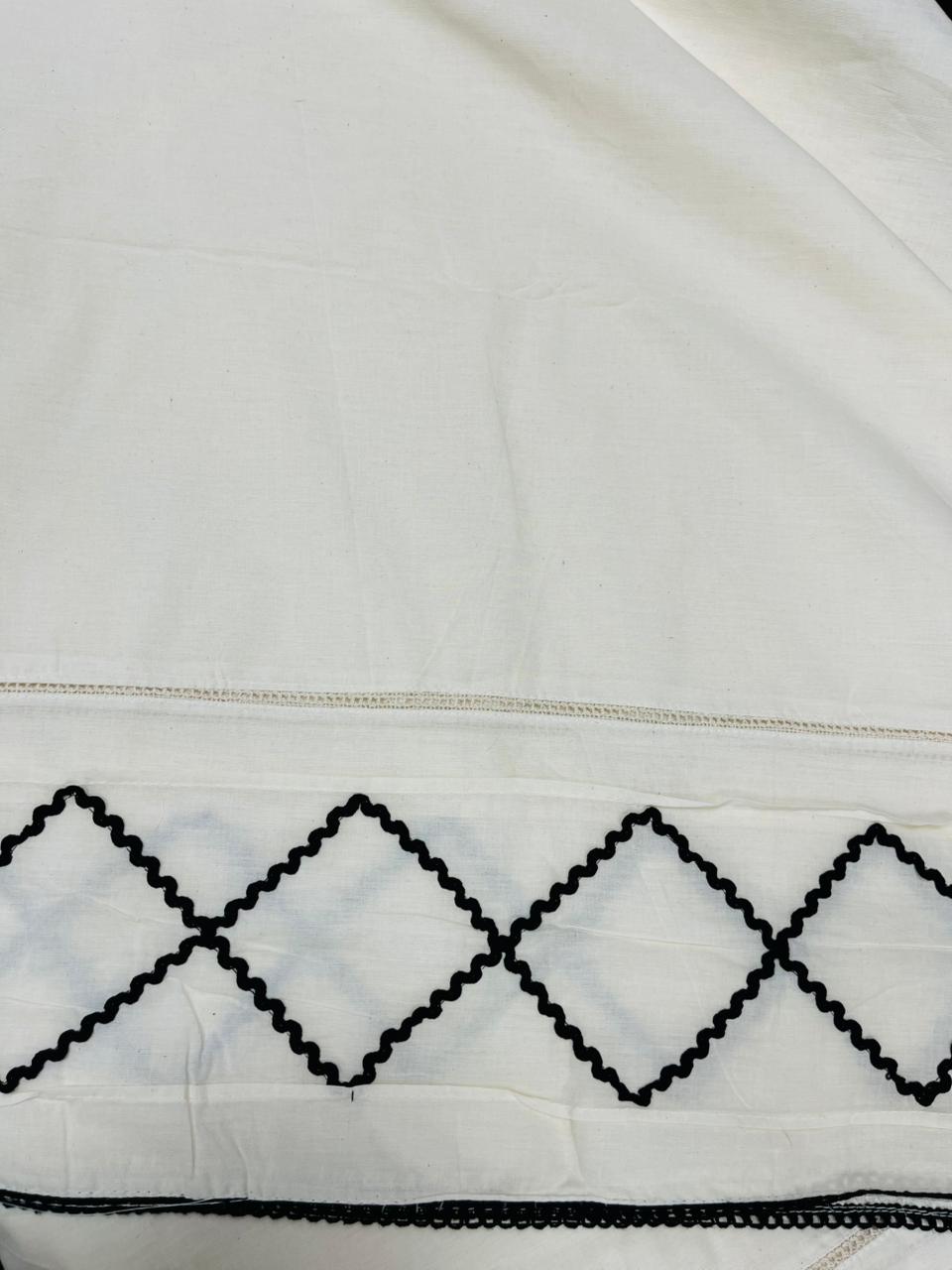 White Cotton Co-Ord Set Fabric with Black Ric Rac Lace Border | Designer Palazzo Fabric