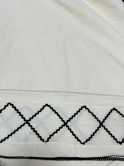 White Cotton Co-Ord Set Fabric with Black Ric Rac Lace Border | Designer Palazzo Fabric