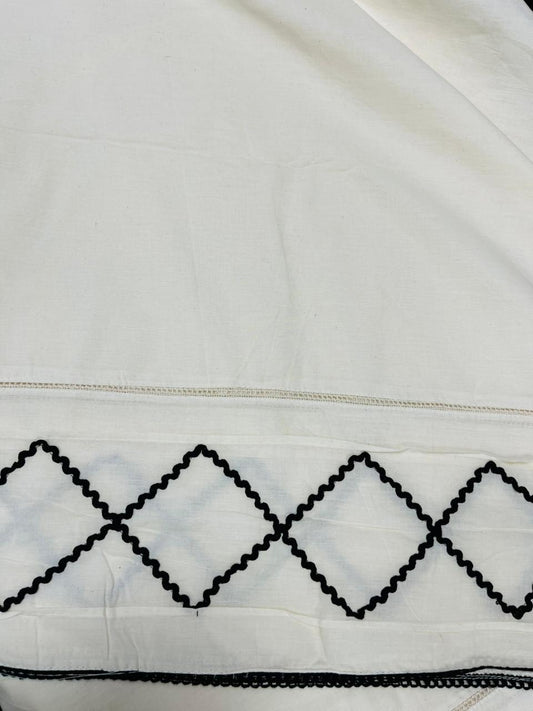 White Cotton Co-Ord Set Fabric with Black Ric Rac Lace Border | Designer Palazzo Fabric