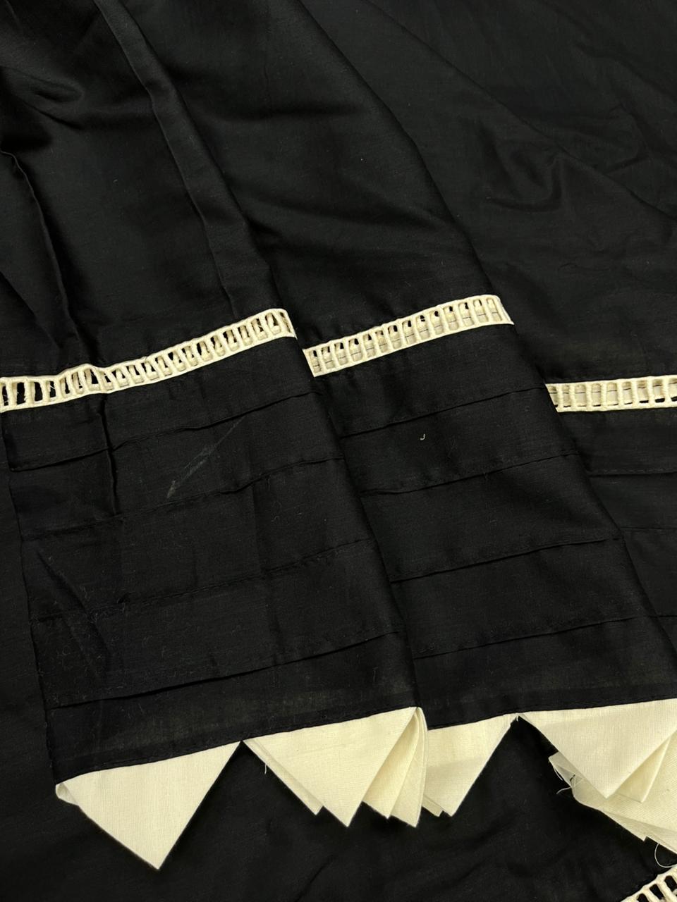 Black Cotton Co-Ord Set Fabric with Pintex Work & Ladder Lace Border | Designer Palazzo Fabric