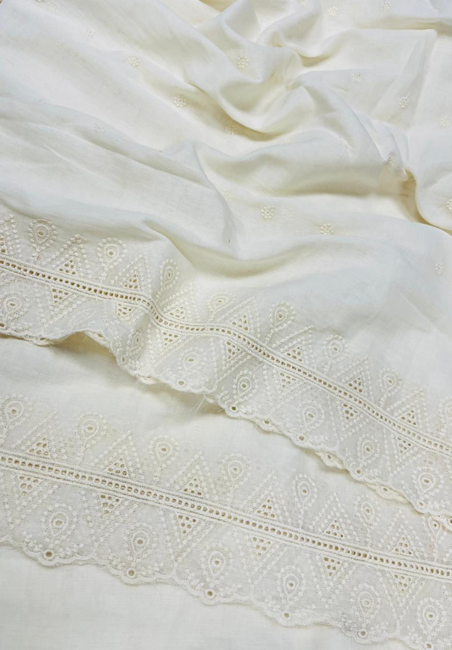 Off White Cotton Fabric with Paisley Schiffli Lace Work and Self Buti Embroidery | Boutique Wear Material