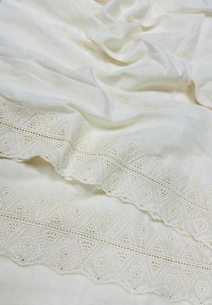 Off White Cotton Fabric with Paisley Schiffli Lace Work and Self Buti Embroidery | Boutique Wear Material