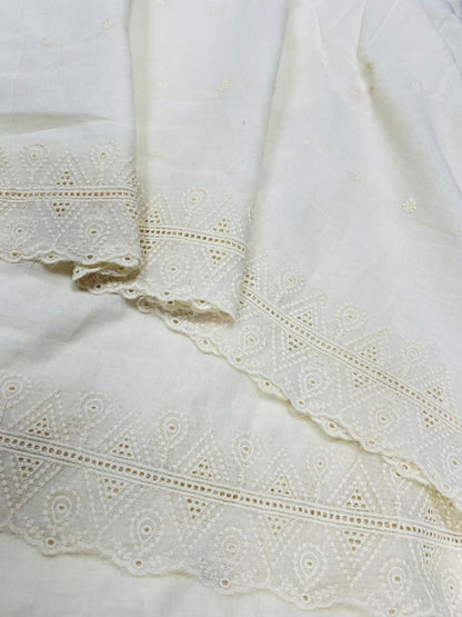Off White Cotton Fabric with Paisley Schiffli Lace Work and Self Buti Embroidery | Boutique Wear Material