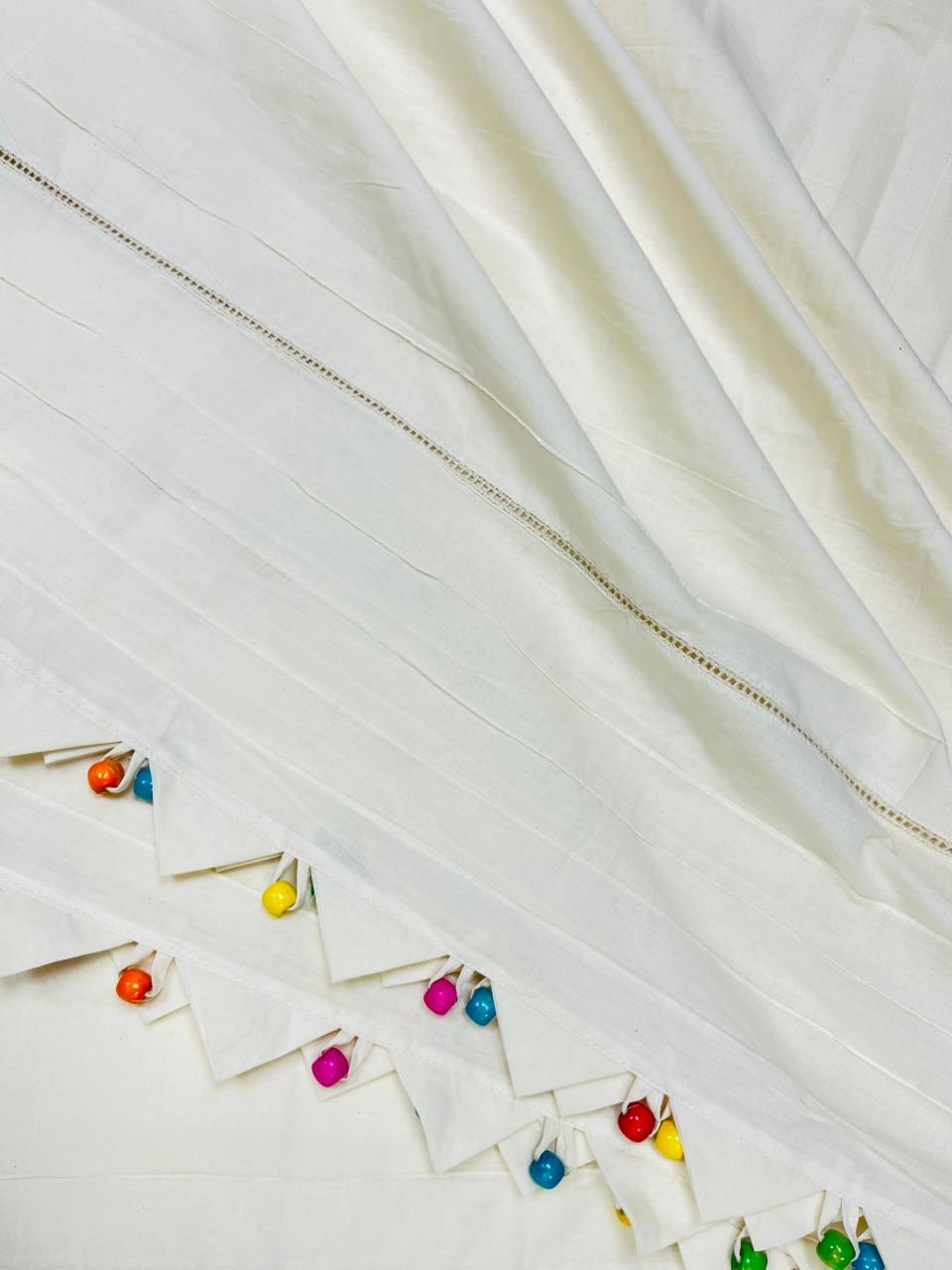 Premium Cotton Fabric with Colorful Bead Tassels & Triangle Border | Designer Co-Ord Set Fabric