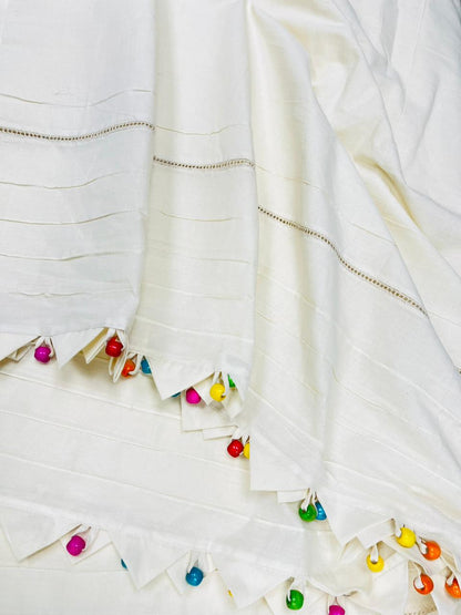 Premium Cotton Fabric with Colorful Bead Tassels & Triangle Border | Designer Co-Ord Set Fabric