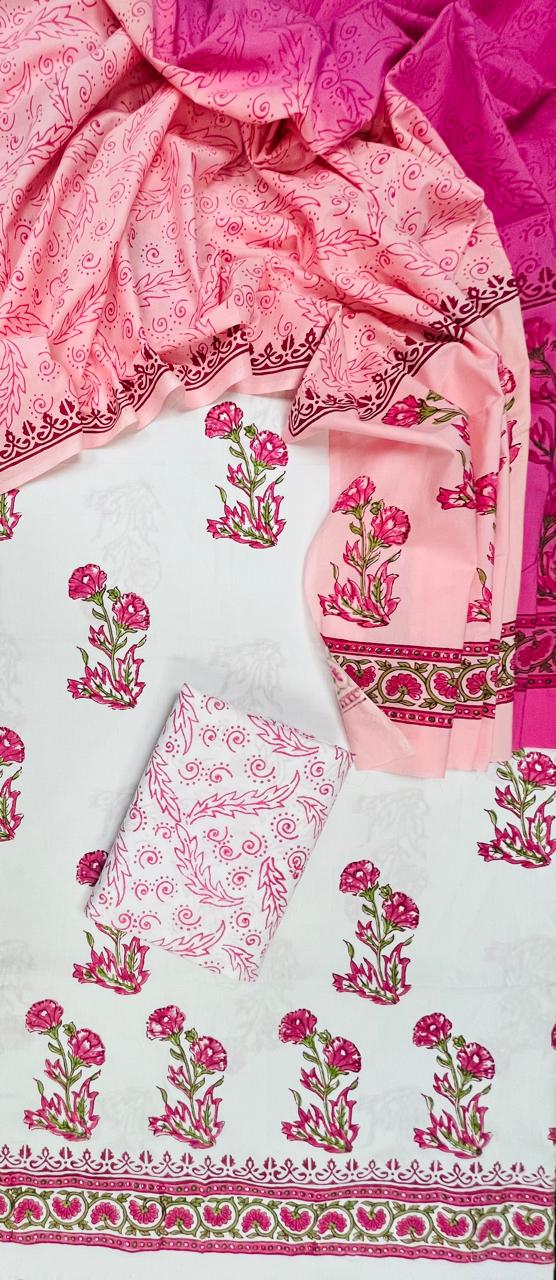 Premium Floral Block Print Cotton Suit Set with Pink Gulnaar Ambra Dye Dupatta