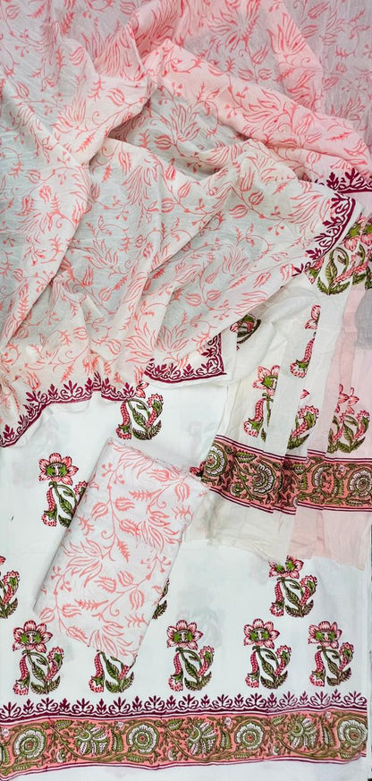 Premium Floral Block Print Cotton Suit Set with Peach Gulbahar Ambra Dye Dupatta