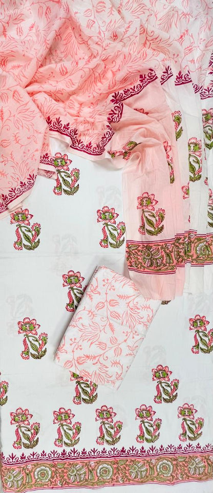 Premium Floral Block Print Cotton Suit Set with Peach Gulbahar Ambra Dye Dupatta