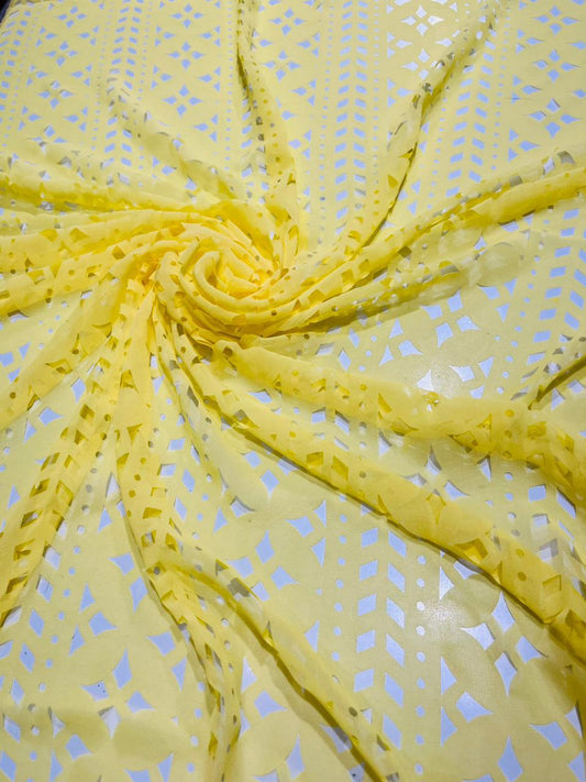 Lemon Yellow Laser Cut Georgette Fabric – 60 Inch Width