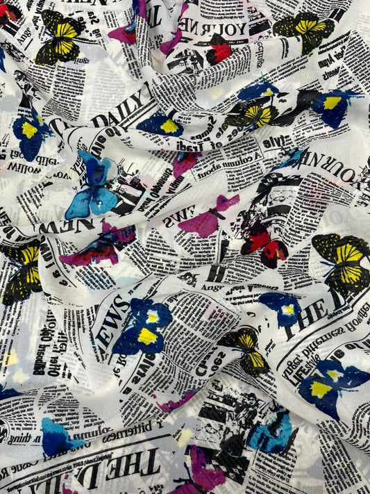 Butterfly Newsprint Poly Georgette Fabric – 44 Inch Width