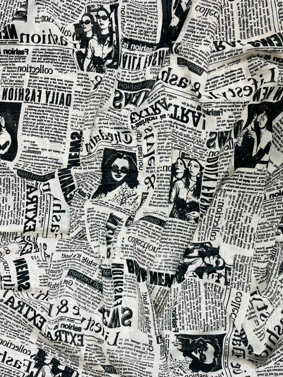 Designer Newspaper Print Poly Georgette Fabric – Premium Fashion Print