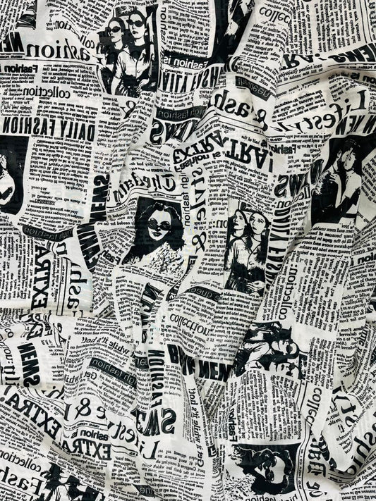 Designer Newspaper Print Poly Georgette Fabric – Premium Fashion Print