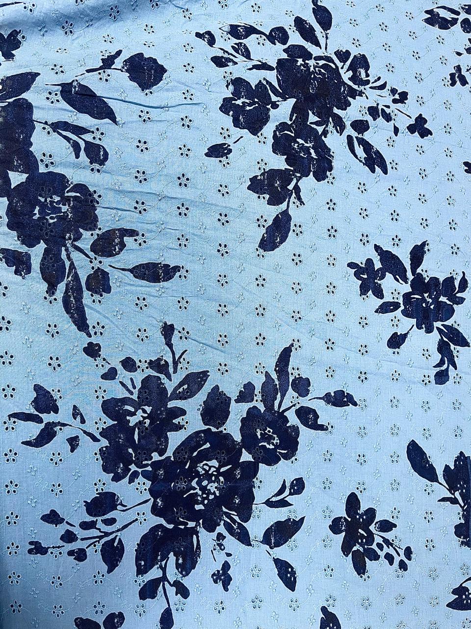 Sky Blue All Over Designer Floral Schiffli Cotton Fabric