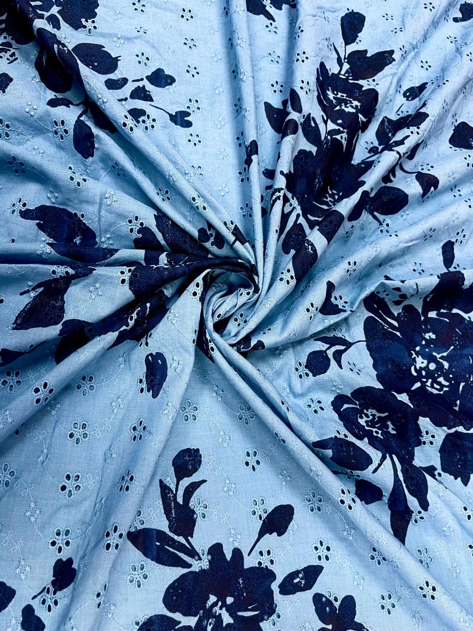 Sky Blue All Over Designer Floral Schiffli Cotton Fabric