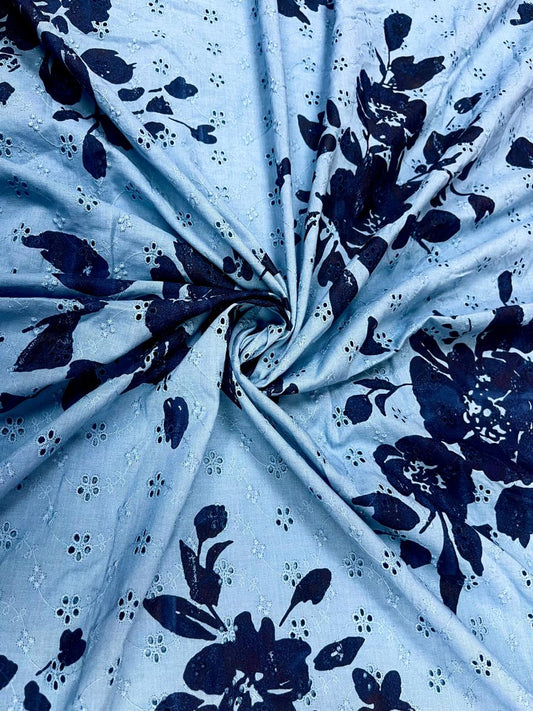 Sky Blue All Over Designer Floral Schiffli Cotton Fabric